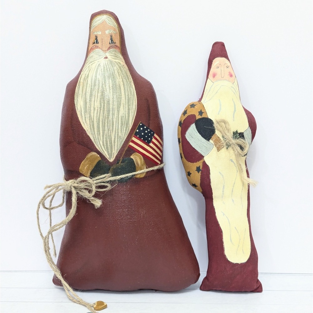 Vintage Folk Art Fabric Santa Figures Hand Painted Stuffed Christmas Set 2pc